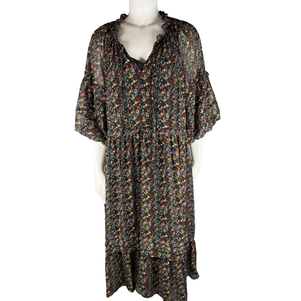 Meritt Floral Ruffle Tiered Midi Dress Black 1X